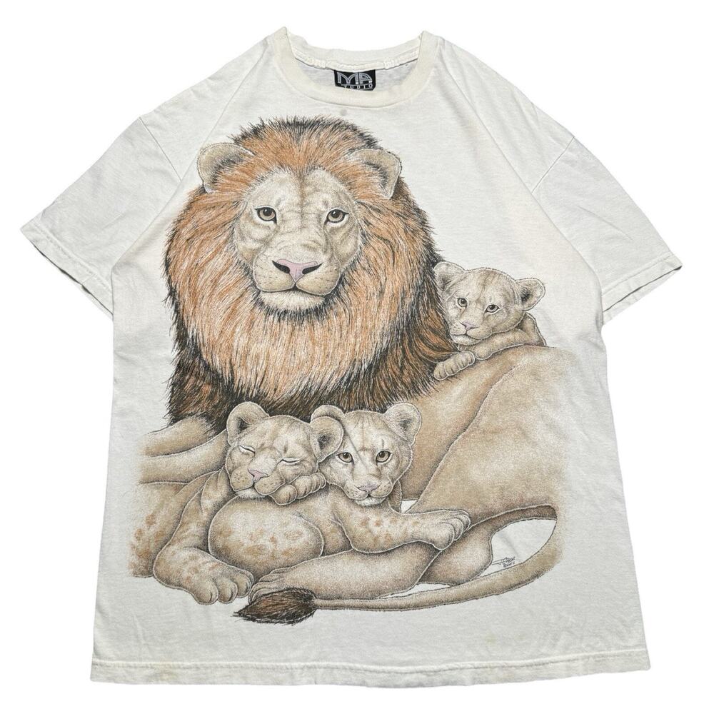 Vintage 90s Lion Cub Safari Nature Graphic T Shirt White Mens XL Art